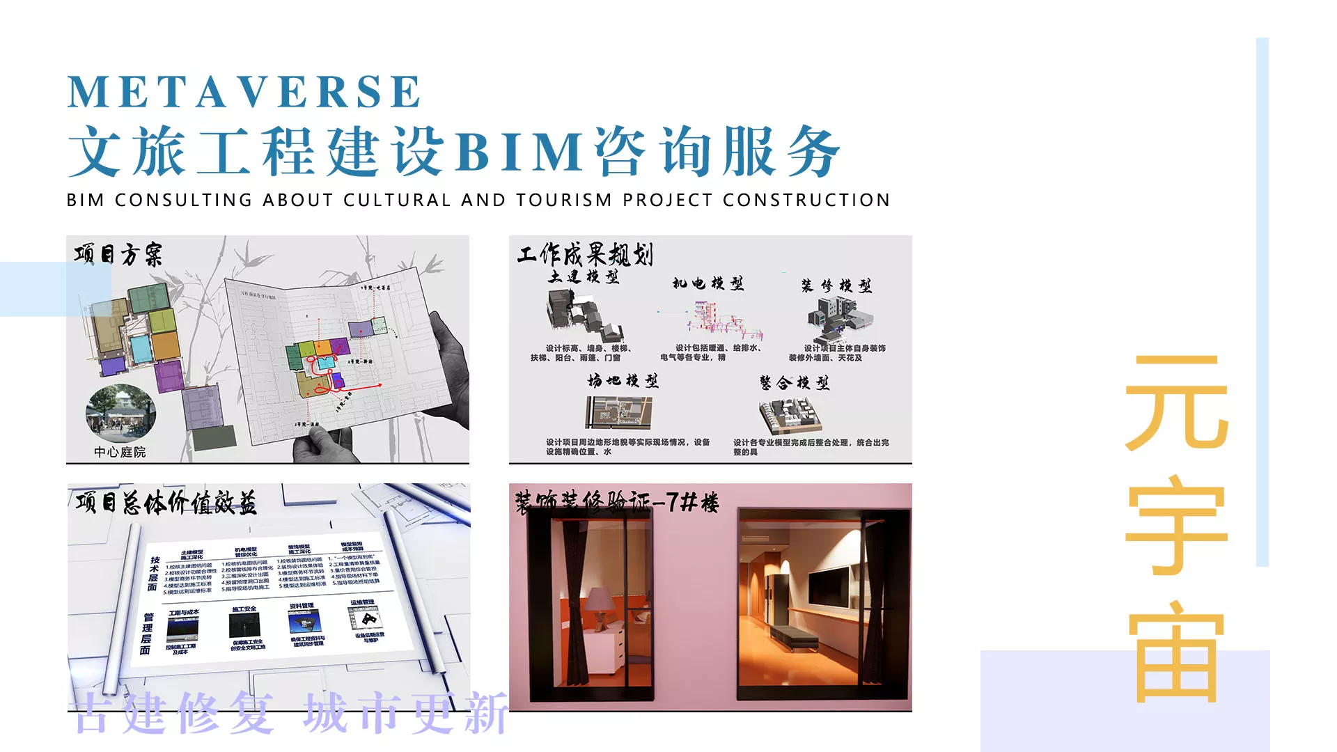 以BIM技术三维建模的方式，深入土建改造、机电管线、装饰装修、景观绿化等各专业的设计施工推敲中，辅助做到在保护古建筑的前提下，将建筑的设计与施工完美实施。辅助文旅工程高质量建设。